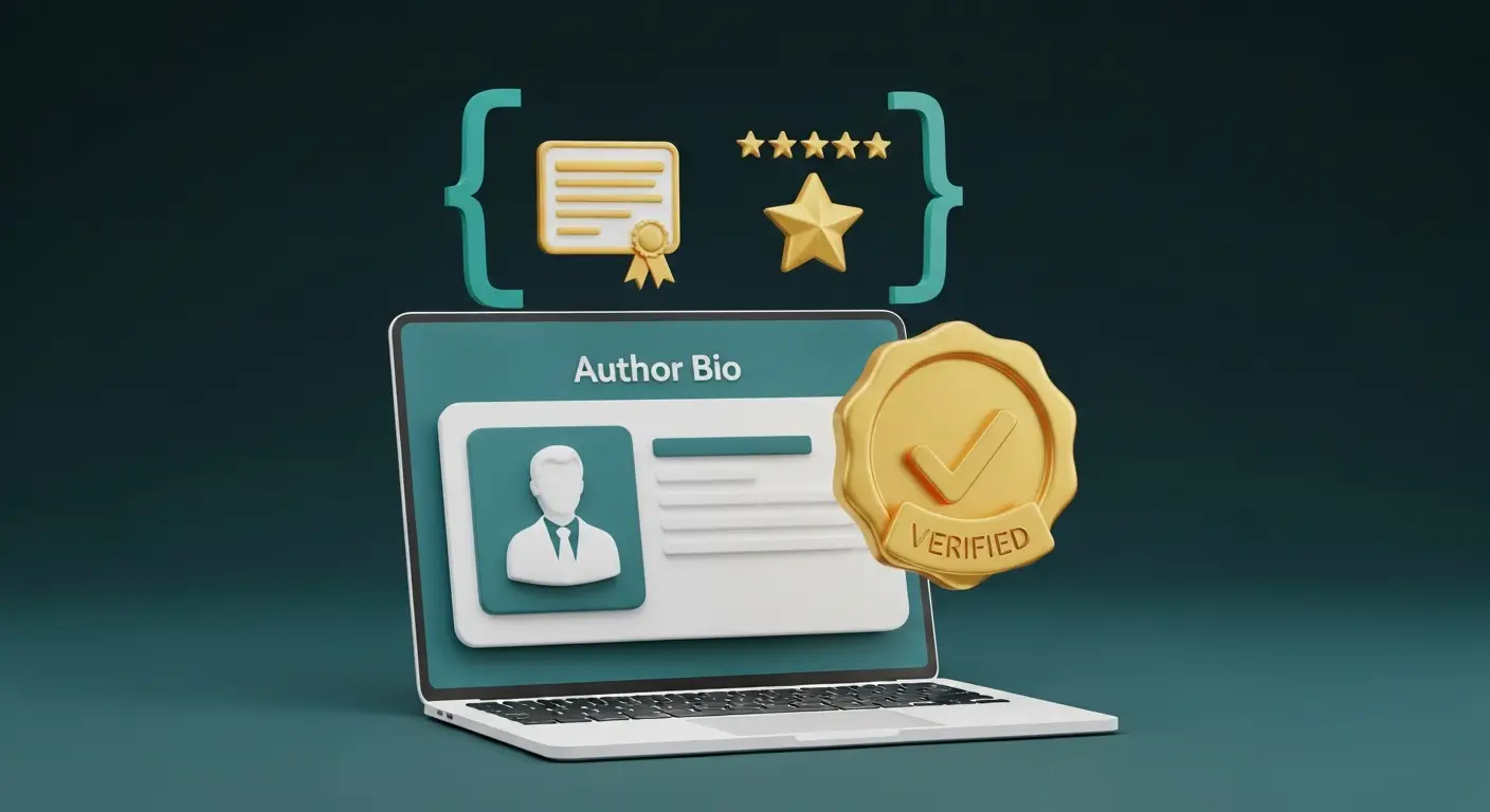 Laptop showing an author profile with a golden verified checkmark badge and structured data schema brackets