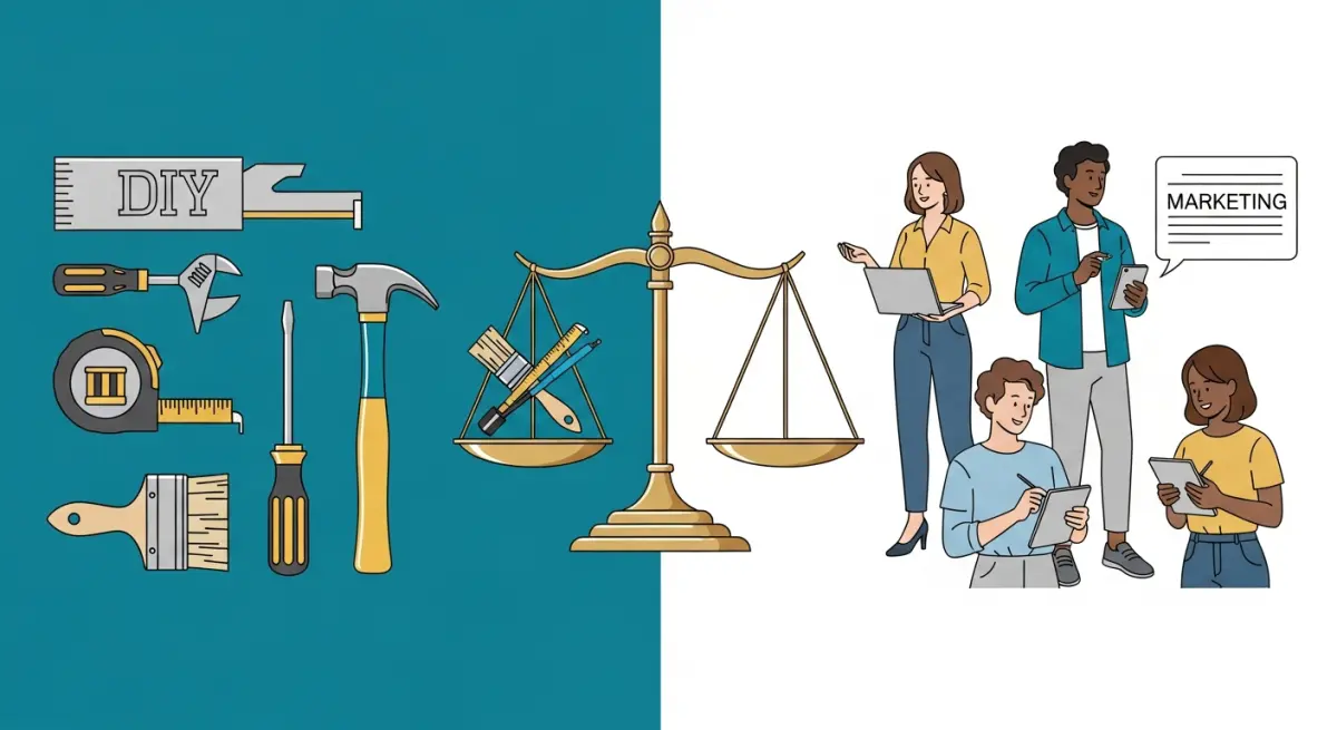 Split scene showing a person working alone on one side and a professional team on the other comparing DIY versus agency marketing