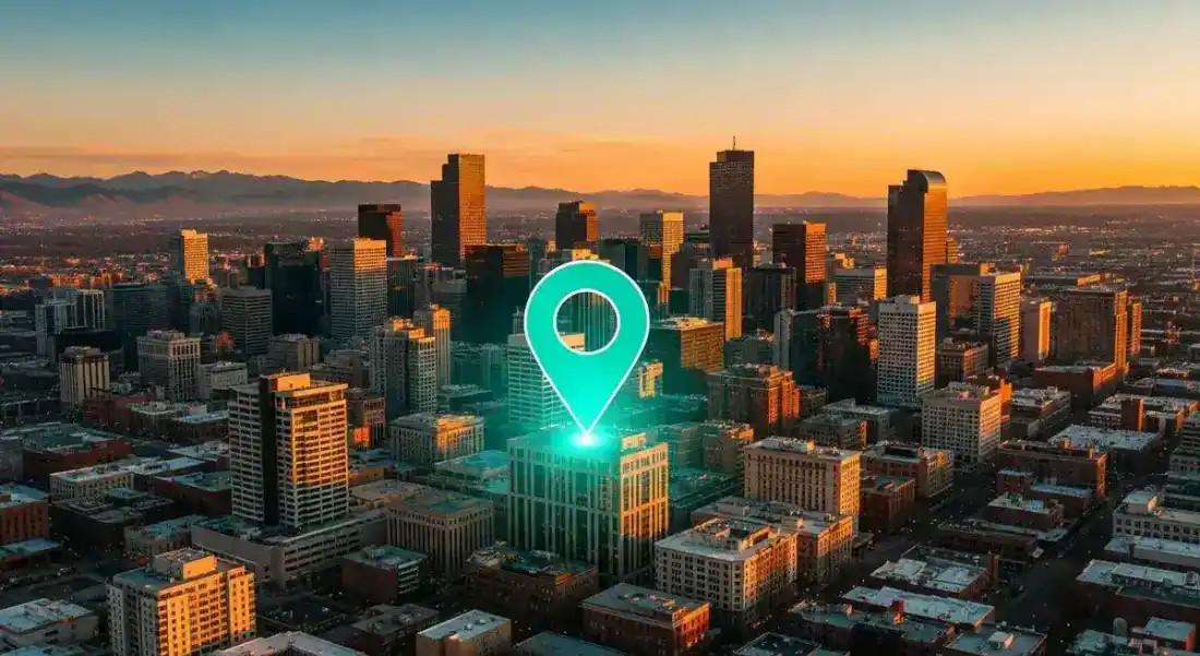 Denver skyline with search result cards floating above local businesses showing local search dominance