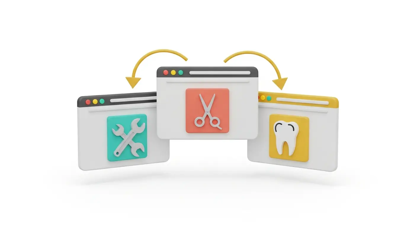 Three browser windows with wrench scissors and tooth icons showing landing pages adapted for different industries