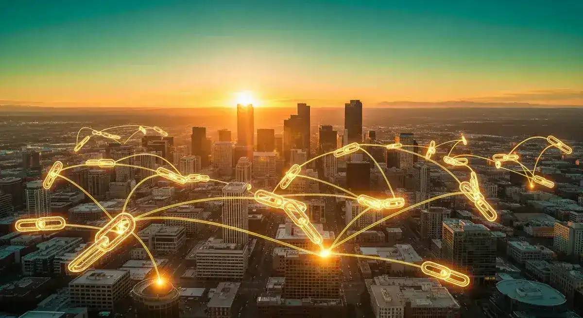 Denver landmarks connected by golden link chains representing local backlink building