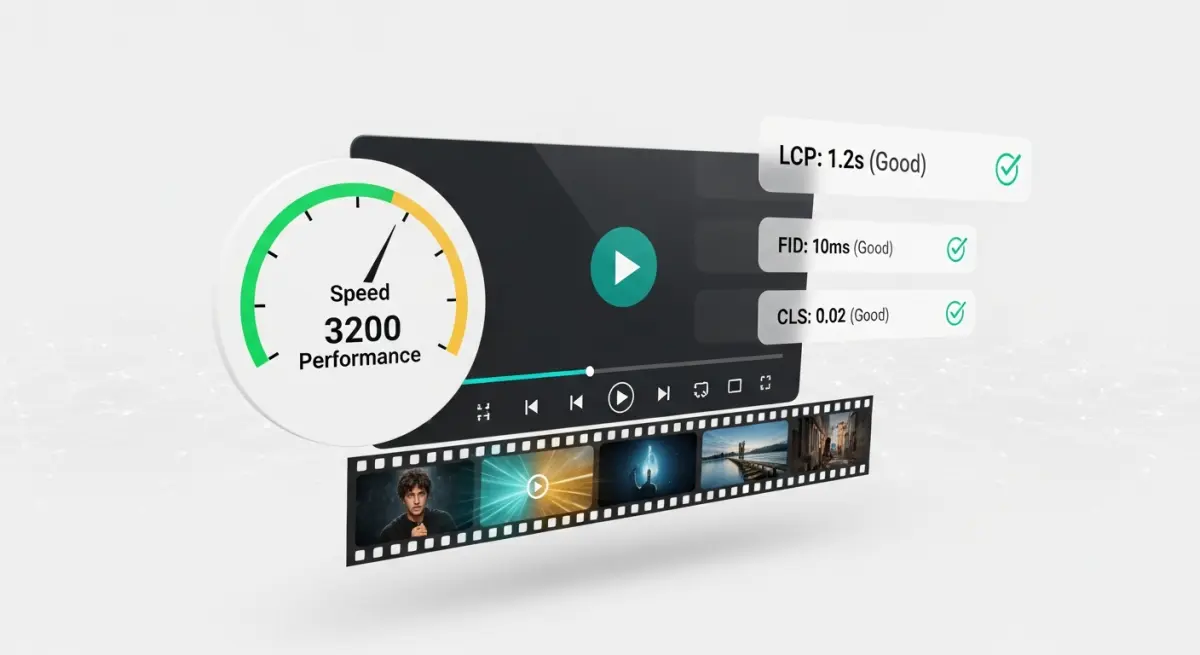 Video player embedded in a fast-loading webpage with a speedometer showing optimal performance