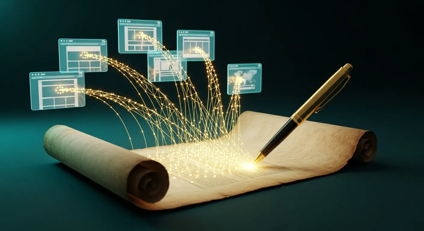 Person writing a blog post on a laptop with backlink arrows pointing back to their own website