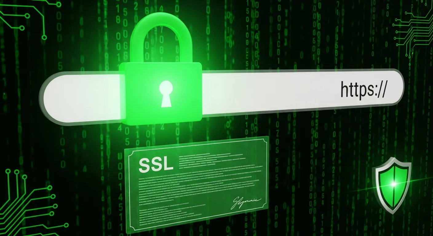 Padlock icon on a browser address bar with a green HTTPS shield showing website security