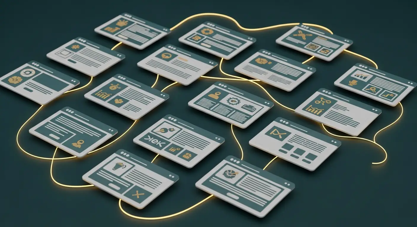 Multiple webpage icons using consistent styling connected by a golden semantic thread