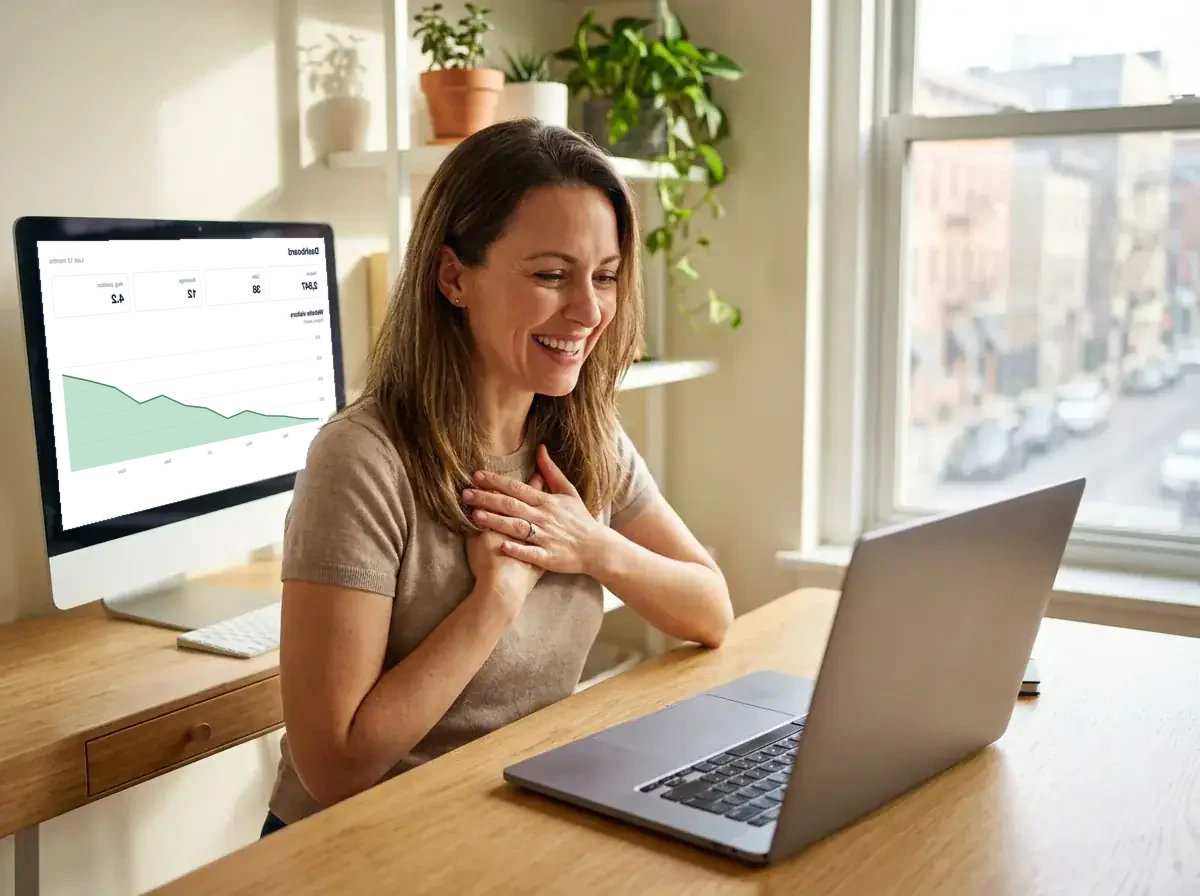 Small business owner reviewing her website analytics dashboard