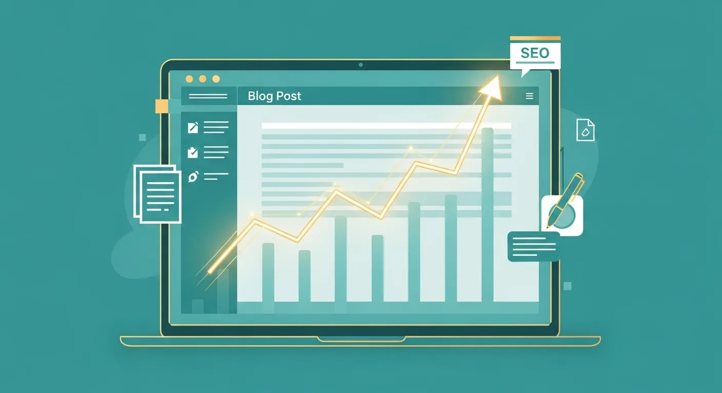 Blog post being written on a laptop with Google ranking arrows and SEO optimization indicators